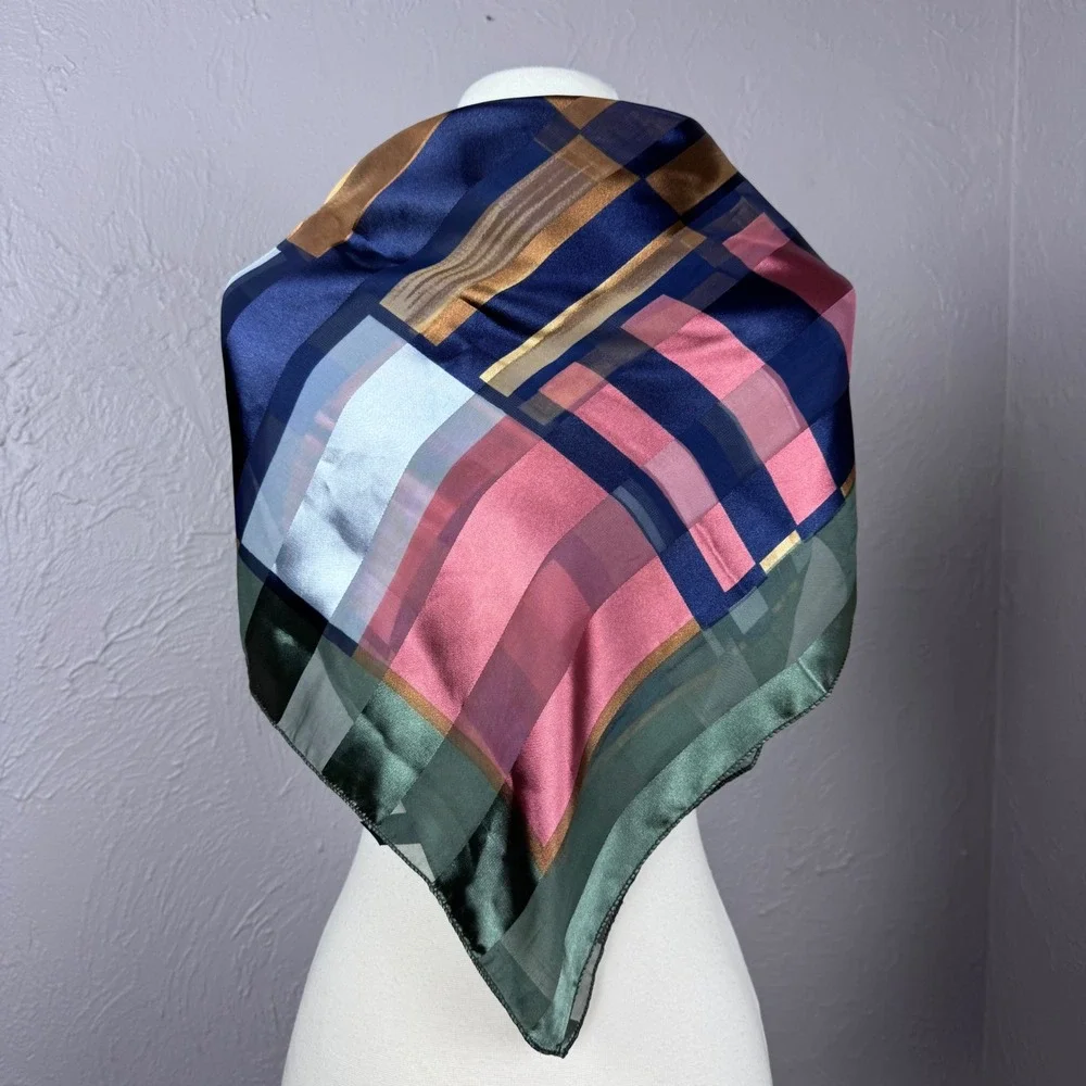Vintage 90s abstract large scarf green, gold, blue New York style Corporate